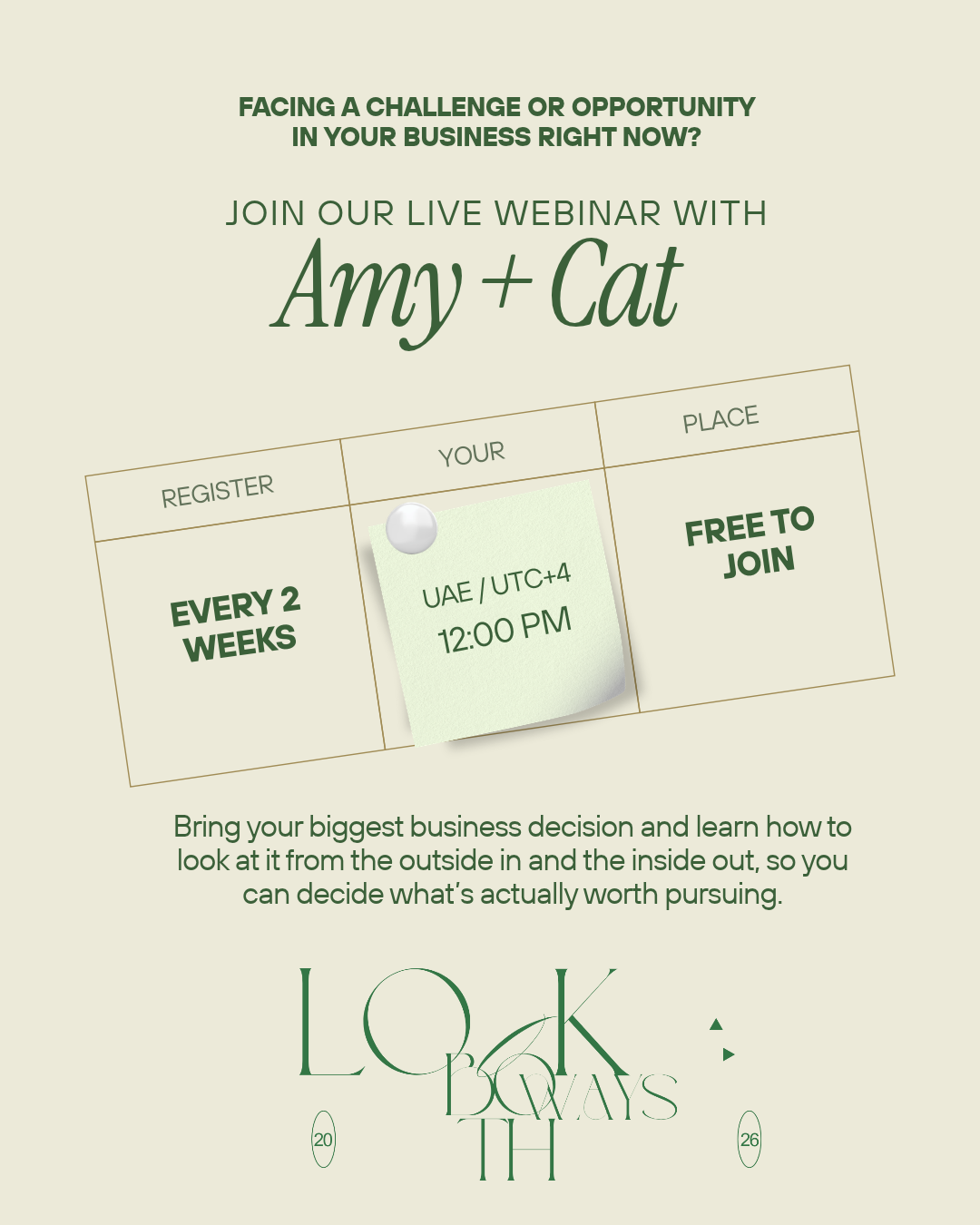 Join our live webinar with Amy and Cat. Every two weeks, 12:00 PM UAE time, free to join.
